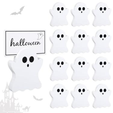 Imagem de Whaline 12 porta-cartões de madeira de Halloween com cartões de nome, suporte de mesa fantasma branco para exibição de números de mesa para festas, casa, escritório, suprimentos