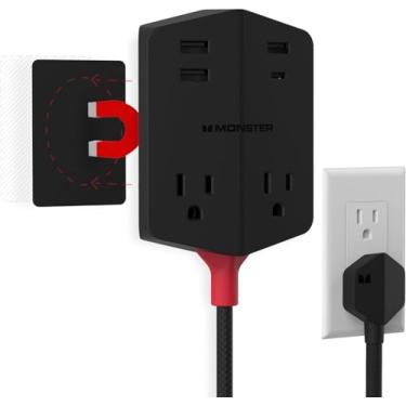 Imagem de Monster Escudo de alimentação: extensor de tomada de parede magnético, várias tomadas com 2 saídas CA, 3 portas USB-A e 1 porta USB-C (20W)