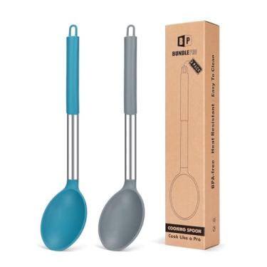 Imagem de Pacote com 2 colheres grandes de silicone para cozinhar, colher de tempero sólida antiaderente, utensílios de cozinha resistentes ao calor para misturar, mexer, servir (colher sólida-cinza-azul)