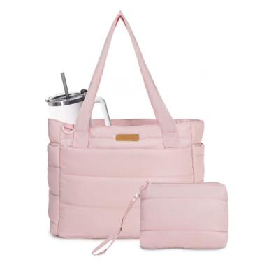 Imagem de FHELAD Bolsa feminina acolchoada grande com bolso frontal com zíper e compartimento para laptop para trabalho, academia, Sacola rosa, Large, Bolsa