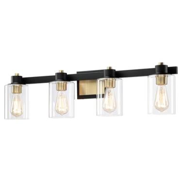 Imagem de Luminária de banheiro grande de 80 cm - 4 arandelas de parede pretas e douradas claras com sombra de vidro transparente, luminárias de banheiro de fazenda sobre espelho para sala de estar, vestiário