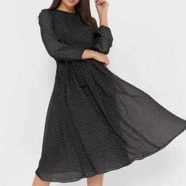 Imagem de Vestido Midi De Chiffon Com Manga Longa Para Mulheres, Estampa De Poá,