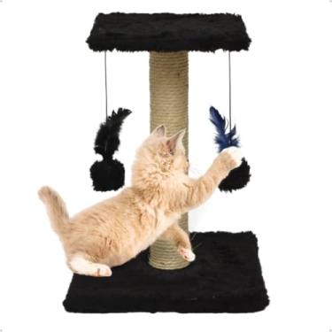 Imagem de Arranhador Para Gatos Pet Poste Duplo Preto Sisal Brinquedo Com Bolinha Pena Duas Bases Carpete Anti Stress Anfia Unhas