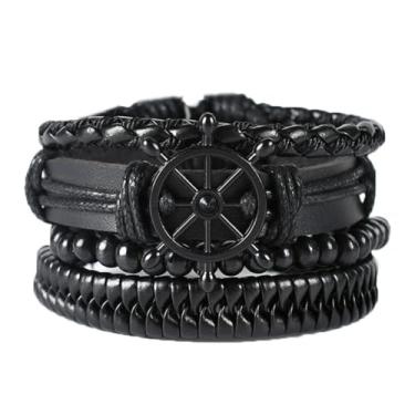 Imagem de Pulseira de couro masculina feita à mão, pulseiras empilháveis de couro, multicamadas, preto, marrom, trançado, elástico, para mulheres, conjunto de joias punk, presentes, Medium, Couro, Sem Pedra