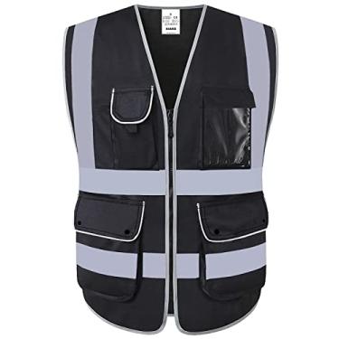 Imagem de XIAKE Colete refletivo de segurança com 9 bolsos classe 2 de alta visibilidade para homens e mulheres, atende aos padrões ANSI/ISEA, Preto, GG