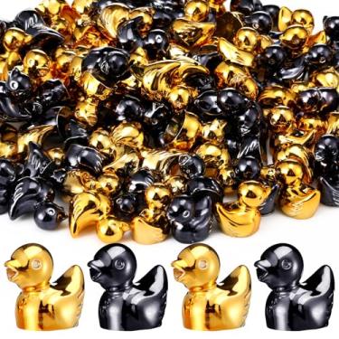 Imagem de Blueweenly 100 peças de mini figuras de pato de Natal brilhantes coloridas decoração de pato de Natal micro paisagem aquário jardim esconde-esconde charme para presente de festa (ouro e preto)