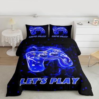 Imagem de jejeloiu Jogo de cama de jogo de solteiro, para crianças, meninos, meninas, gamepad, edredom azul, decoração de quarto, 2 peças com 1 fronha