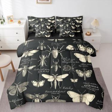 Imagem de Jogo de edredom Queen com insetos mariposa borboleta, besouros, entomológico, decoração de quarto de crianças, adolescentes, homens, animais da natureza, 7 peças, retrô, preto, marrom, 2 fronhas, 2