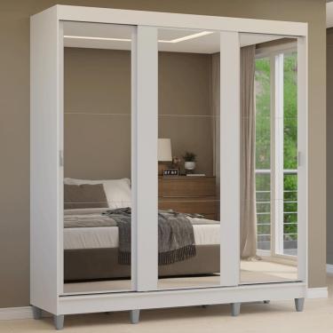 Imagem de Guarda-roupa Casal Com Pés 3 Portas De Correr De Espelho Branco Reno Madesa