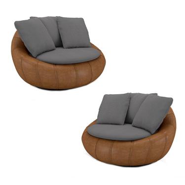 Imagem de Kit 2 Poltronas Giratória Sala de Estar com Almofadas Afrodite Grafite Caramelo Manchado Linho/PU G45 - Gran Belo