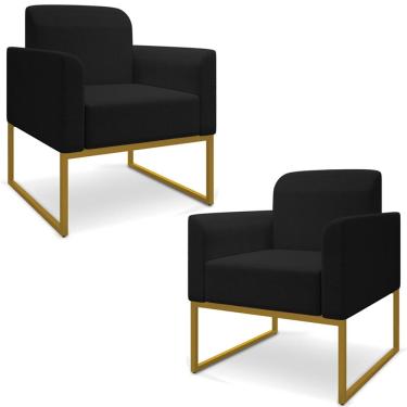 Imagem de Kit 2 Poltronas Decorativas Isabella Base Industrial Linho Preto/Dourado