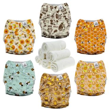 Imagem de Mama Koala Fraldas de pano de bolso 3.0 para bebês com forro AWJ, pacote com 6 inserções de fraldas de pano natural de 4 camadas – Fraldas de bolso reutilizáveis e laváveis (abelhas trabalhadoras)