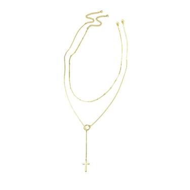 Imagem de Colar feminino com cruz de coração em camadas, delicada, pequena, pequena cruz, corrente de ouro de camada dupla, colares em Y, joias espirituais religiosas, Middle, Cobre, Sem Pedra Preciosa