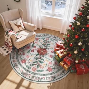 Imagem de Wonnitar Tapete de Natal redondo lavável de 1,5 m, tapete redondo para sala de jantar, estampa floral boho de poinsétia, tapetes circulares para crianças, quarto, sala de estar, berçário, embaixo da