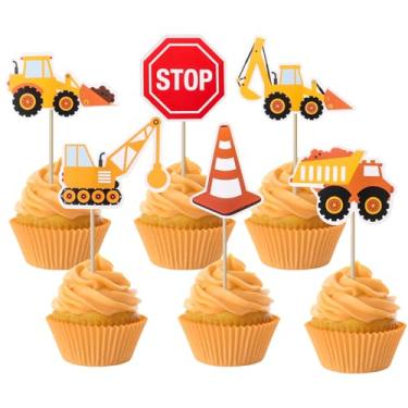 Imagem de Aoocoeo 36pcs Construction Cupcake Toppers 6 Designs Including Excavator Bulldozer Dump Truck 'STOP' Sign Construction Cone Party Decorations for Boys’ Birthday Cakes