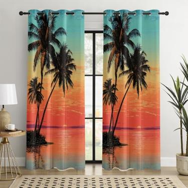 Imagem de BOHOMOCASA Cortinas blackout Palms at Sundown, cortinas de palmeira tropical pôr do sol, 100% de bloqueio de luz, isolamento térmico e cortinas redutoras de ruído para quarto, ilhós superiores 132 x