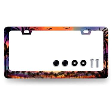 Imagem de Moldura de placa de licença de palmeiras Havaí, cenário litorâneo, suporte de placa de licença de aço inoxidável engraçado, 2 furos e parafusos, acessórios universais, molduras para placas de carro 15