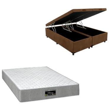 Imagem de Cama Box Baú Bipartida Blindada com Colchão RivIera Molas Ensacadas 25cm (SUEDE MARROM, Queen)