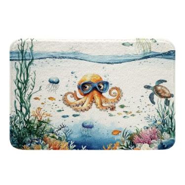Imagem de Erosebridal Tapete de banho engraçado de polvo, tartaruga, água-viva, litoral, exterior, 40,6 cm x 61 cm, tapete de área do oceano azul, tapetes de banho fofos de peixes, corais, algas marinhas,