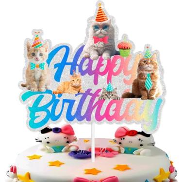 Imagem de Color Cats Happy Birthday Cake Topper Meow Pet Decor Picks For Cute Pet Theme For Boys And Girls Birthday Party Decorações Suprimentos