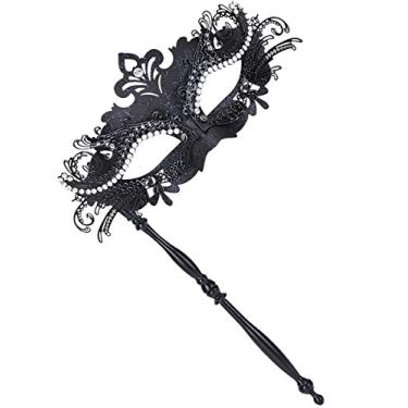 Imagem de Toyokar Máscara veneziana de Halloween para mulheres, acessório decorativo elegante para namorar com bastão, máscara luxuosa de carnaval, máscara de fantasia de baile de máscaras, preta