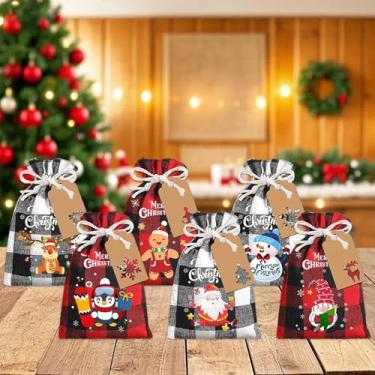 Imagem de 12 unidades de sacos de presente de cordão de Natal com etiquetas, bolsas de tecido reutilizáveis, sacos de doces para presentes reutilizáveis, lembrancinhas de festa de fim de ano
