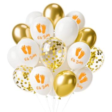 Imagem de Kit de balões com estampa de pés de chá de bebê de 18 peças – Balões de látex dourados metálicos dourados brancos dourados com balão estampado de pé de bebê para revelação de gênero, aniversário