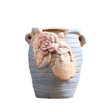 Imagem de Vaso de flores em cerâmica com rosa em relevo e design de boa sorte - 
