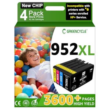 Imagem de greencycle Cartuchos de tinta de substituição 952XL para HP 952 XL, pacote combo compatível com impressora OfficeJet Pro 8710 8720 8740 7740 8210 (1 preto, 1 ciano, 1 magenta 1 amarelo)