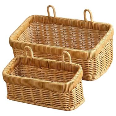 Imagem de Cestas de vime multifuncionais, conjunto de 2 peças para cozinha, quarto, sala de estar, caixotes de vime montados na parede, armazenamento para frutas, ovos, gengibre, alho, decoração