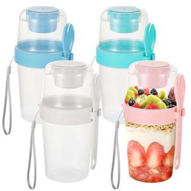 Imagem de Conjunto de 4 copos de parfait de plástico transparente com tampas, inclui garfo, recipientes portáteis para iogurte, frutas e saladas