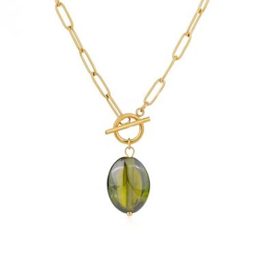 Imagem de TaYolnFaSo Colar com pingente de pedra preciosa natural, clipe de papel, corrente de citrino, pingente de peridoto, clipe de papel, colar verde esmeralda, joia presente para mulheres, Aço inoxidável