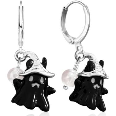 Imagem de unixmoment Brincos femininos únicos feitos à mão e lindos cristais brilhantes coração pérola fantasma com chapéus de bruxa pendurados em forma de gota, Tiny, Metal, Sem pedra preciosa