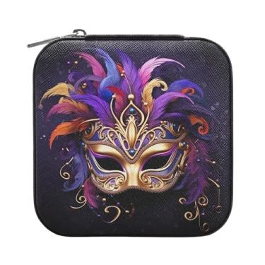 Imagem de Wassud Máscara de baile de máscaras de carnaval pequena caixa de joias, mini organizador portátil de couro PU, brincos quadrados de armazenamento, colar, pulseiras, joias para mulheres, meninas
