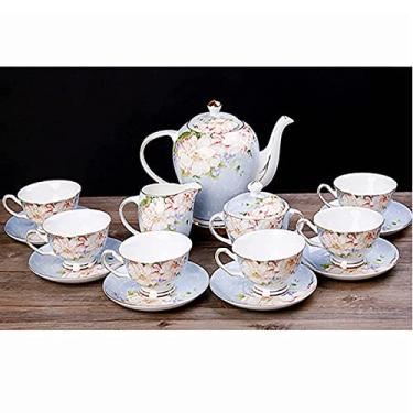 Imagem de LMJYU Conjuntos de chá de porcelana estilo tribunal para adultos flor azul osso China xícaras de café vintage e pires serviço de 6 com bule de chá, jarro de creme de açucareiro