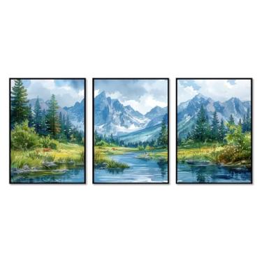 Imagem de Impressão em tela de montanha em aquarela com cenário do Colorado - pôster de floresta do lago arte de parede de paisagem moderna para sala de estar quarto decoração de escritório (SKU3-3 peças, 16 x