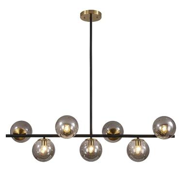 Imagem de Luminária pendente preta para ilha de cozinha, lustre Sputnik dourado de meados do século com 7 globos de vidro fumê, lustre linear de bolhas de vidro E27 para sala de jantar.