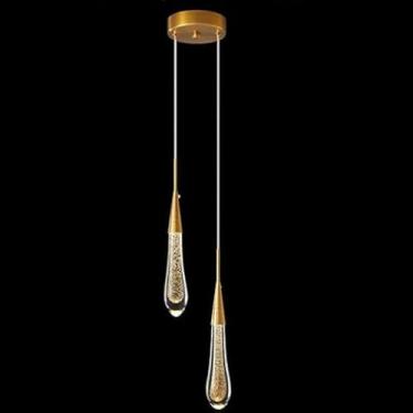 Imagem de Luminária pendente moderna, luminária pendente de 2 luzes para ilha de cozinha, luminária pendente de cristal dourado mini em formato de lágrima com LED dimerizável para corredor, hall de en