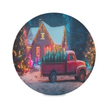 Imagem de Wassud Jogo americano vintage caminhonete Natal tapetes de mesa redondos para cozinha e jantar tapetes laváveis resistentes ao calor decoração de mesa 39 cm