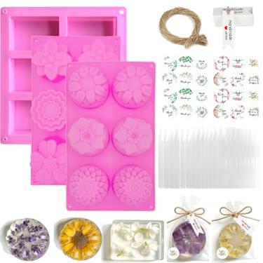 Imagem de ZRLABL Kit de fabricação de sabão DIY, 148 peças com moldes de flores de silicone rosa, etiquetas de presente feitas à mão, sacos de papel kraft, adesivos de agradecimento, barbante de juta para