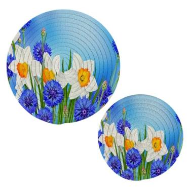 Imagem de Wassud Conjunto de tripé de narcisos brancos para pratos quentes, suportes redondos de panela, almofadas quentes de algodão, porta-copos resistentes ao calor para decoração de cozinha, bancada, 2