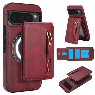 Imagem de Carteira removível compatível com carregamento sem fio Magsafe para Google Pixel 9 Pro com suporte para cartão, bolso com zíper, suporte 2 em 1 capa à prova de choque (vinho)