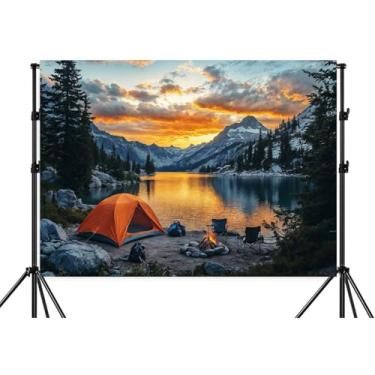 Imagem de Cenário de acampamento de 2,1 x 1,5 m, natureza, montanha, floresta, fogueira, laranja, acampamento, aventura, fotografia de fundo para crianças, adultos, chá de bebê, campista, decoração de festa