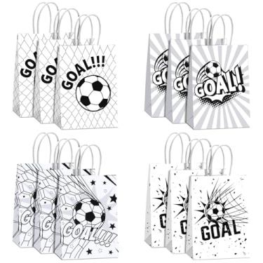 Imagem de Dimore Pacote com 12 sacos de papel com tema de futebol com alças, sacos de presente de futebol para artigos de festa de aniversário, sacos de doces para eventos esportivos (12P-A5)