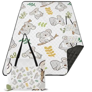Imagem de TSENQUE Tapete de praia personalizado com desenho animado de coala, folha de urso, impermeável, à prova de areia, dobrável, para piquenique, tapete para acampamento, 152 cm x 203 cm