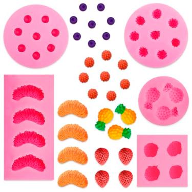Imagem de 5 moldes de silicone para lanches de frutas - molde de silicone em forma de fruta moldes de frutas molde de silicone fatia de abacaxi molde de silicone 3D morango para mirtilo laranja - molde de bala