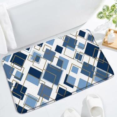 Imagem de LAEDCIITI Tapete de banho geométrico moderno azul marinho abstrato quadrado diamante boho listras xadrez vintage meados do século rústico fazenda tapete de banho, tapete absorvente para quarto