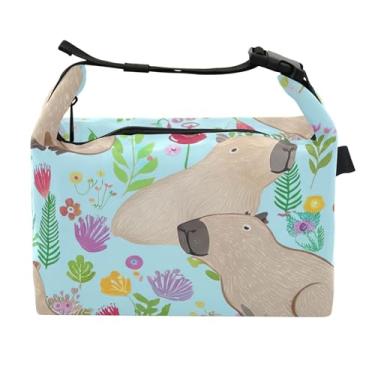 Imagem de TSENQUE Lancheira personalizada com flores coloridas, capivaras, portátil, feminina, lancheira para trabalho, estampa animal, bolsa isolada para adultos