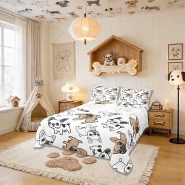 Imagem de Manfei Jogo de cama casal de buldogues franceses, desenho animado fofo, decoração de quarto de crianças, para amantes de cães de estimação, lençol branco marrom (com elástico + plano + 2 fronhas)