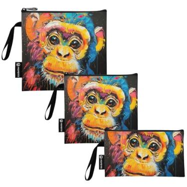 Imagem de TSENQUE Sacos de lanche reutilizáveis de macaco com pintura colorida sacos de comida de tecido lavável com zíper para viagem, trabalho, escritório, escola (pacote com 3: P/M/G)